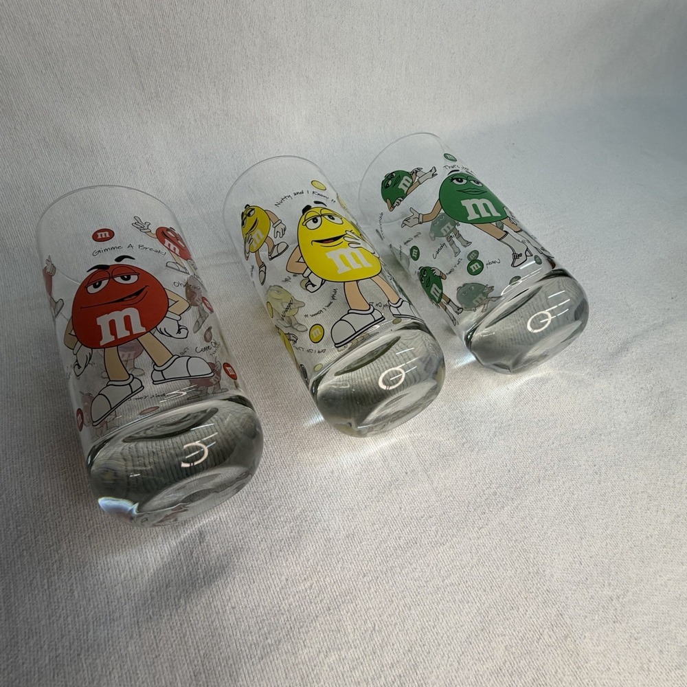 M&M Drinking Glasses Mars Green Yellow Red Retro Vintage Candy - Lot Of 3 - Picture 7 of 7